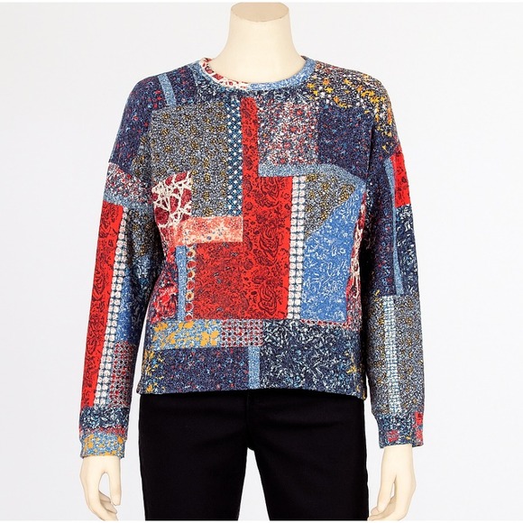Zara Trafaluc TopWomens Patchwork Knit Long Sleeve Top Multicolor Boho Size S - Picture 1 of 9